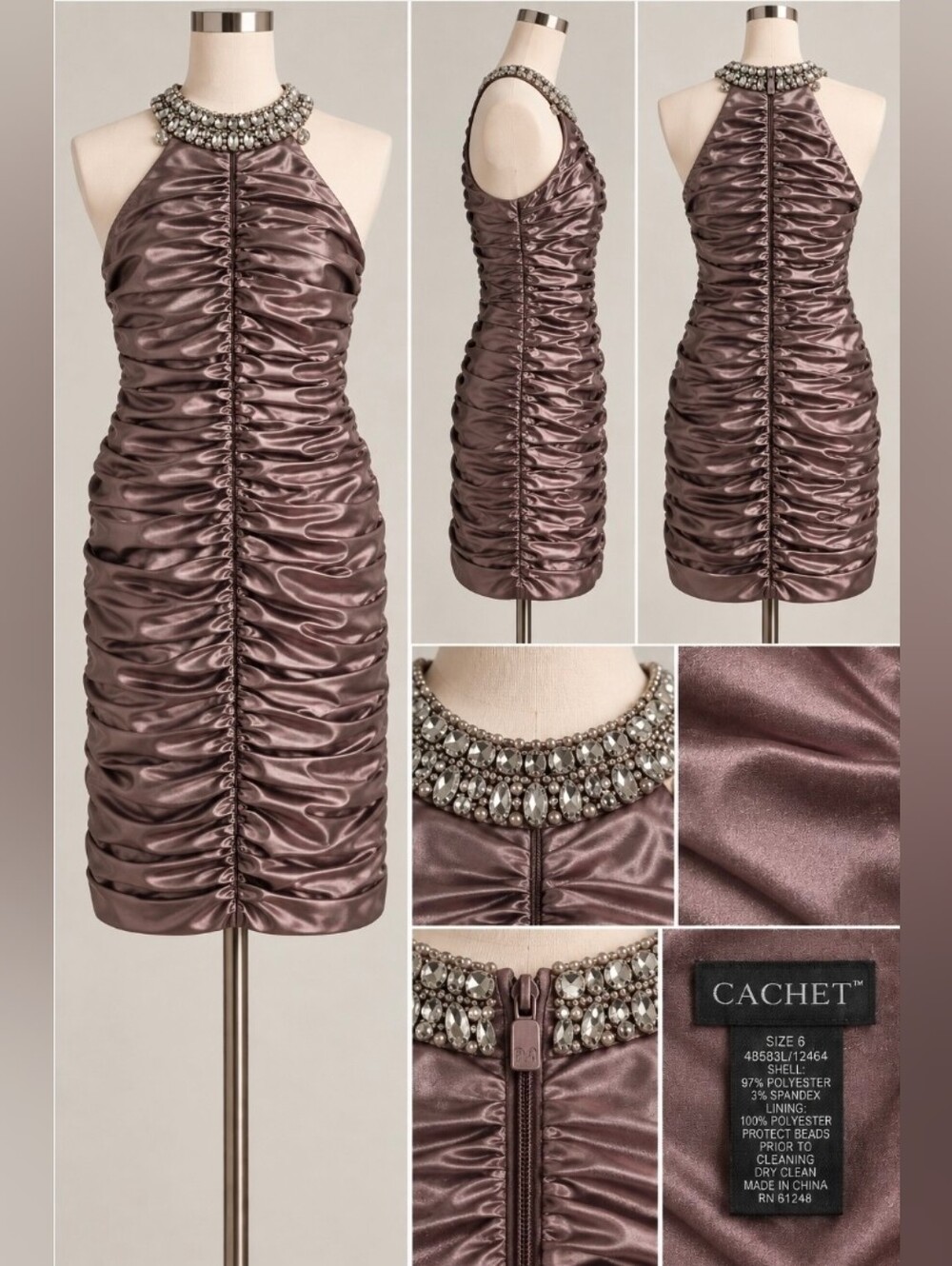 Cachet Metallic Mauve Ruched Jeweled Halter Cocktail Dress Size 6